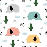 Baby seamless pattern elephant and cactus hand drawn Cute cartoon animal backgrounds used for fabric, textiles, print, wallpapers, Vector illustration