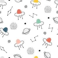 Baby seamless pattern space background with ufo and planets on a white background hand drawn style cartoon design Use for print, wallpaper, decoration, textiles. Vector illustration