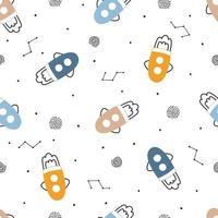 Space background illustration with rockets and stars hand drawn baby seamless vector pattern in cartoon style for print, wallpaper, decoration, fabric, textile