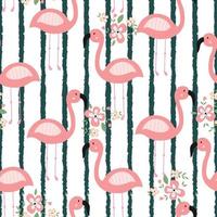 Seamless pattern flamingo and flowers on a striped background Hand drawn design in children style vector