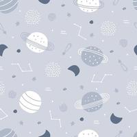 Baby seamless pattern space background with planets on a grey background hand drawn style cartoon design Use for print, wallpaper, decoration, textiles. Vector illustration