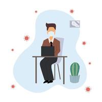 Background image a man sitting alone at a desk And wear a mask to prevent the spread of COVID-19. The concept of protecting you and those around you. Vector illustration