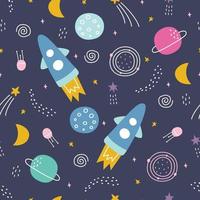 Baby seamless pattern space background with planets and rocket on a dark blue background hand drawn style cartoon design Use for print, wallpaper, decoration, textiles. Vector illustration.