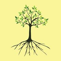 Tree has green leaves with dark brown roots vector illustration