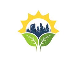 Shinning sun with nature leaf and city building behind vector