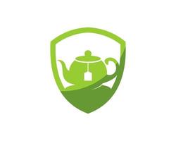 Green shield with simple tea pot inside vector