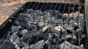 Coals are burned in a BBQ grill video
