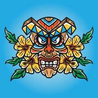 illustration of skull shaped tiki mask with hibiscus flower vector