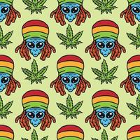 seamless pattern of alien wearing reggae attribute in vintage style and cannabis leaf vector