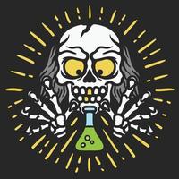 Ilustración del científico loco del cráneo con la mano agarrando el matraz erlenmeyer vector