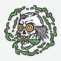 illustration of crazy skull scientist biting erlenmeyer flask and spilling green liquid vector