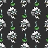 seamless pattern of crazy skull scientist and erlenmeyer flask and spilling green liquid vector