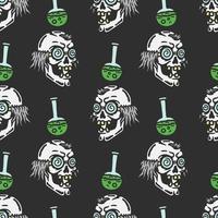 seamless pattern of crazy skull scientist and erlenmeyer flask and spilling green liquid vector