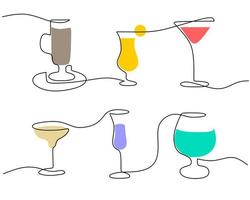 Continuous one single line of cocktail glass set for party vector