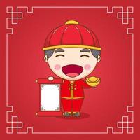 Cute Chinese boy holding ingot gold and empty paper chibi cartoon character. Flat design illustration vector