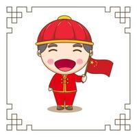 Cute Chinese boy holding flag chibi cartoon character. Flat design illustration vector