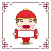 Cute Chinese boy holdingempty paper chibi cartoon character. Flat design illustration