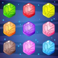 Hexagon stones in many colours design shiny and bright for puzzle game. vector