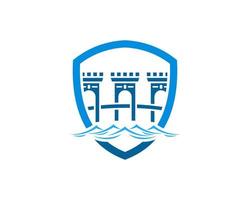 Simple shield with bridge fortress and beautiful beach wave vector