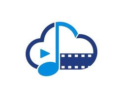 Cloud outline with music note and film reel and media play button vector