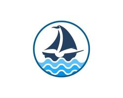 Circle shape with abstract sea wave and sailboat inside vector