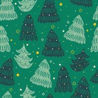 patrón festivo navideño sin costuras sobre fondo verde lindo dibujar capas a mano pino y estrellitas vector