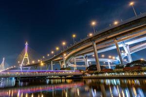 Bangkok, Tailandia en diciembre de 2021 Puente colgante bhumibol cruzar sobre el río Chao Phraya en Bangkok, Tailandia por la noche. uno de los puentes más bellos de Tailandia. enfoque selectivo. foto