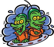 Funny aliens in a spaceship. Vector illustration in a flat style. Image is isolated on white background. Characters for printing, web and games.