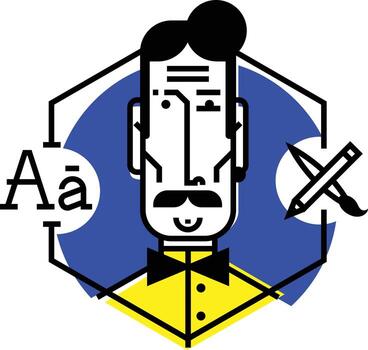 Illustration of a designer icon in a flat style. Vector icon isolated on white background. Image of web designer, ready for website and printing. The character of the company. Mascot.