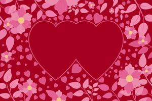 valentines day pattern illustration, on dark red background, surrounded by blooming leaves and flowers, great for valentines day greeting cards, gifts, banners, posters vector
