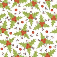 Holly seamless vector pattern. Hand-drawn illustration isolated on white background. Branches of a festive plant. Mistletoe with red berries, leaves, twigs. Flat cartoon style.