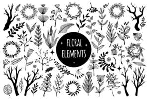Vector set of wild flowers. Hand-drawn illustration isolated on white background. Field plants, meadow grasses. Botanical elements leaves, berries, vine, branches, herbs. Silhouette of flora.