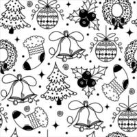 New year symbols seamless vector pattern. Hand-drawn illustrations. Festive elements - Christmas tree, bells, glass ball, holly, sock. Monochrome sketch. Black outline on a white background.