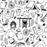 Camping seamless vector pattern. Hand-drawn illustration. Travel elements - bag, tent, fire, first aid kit, thermos, compass, fishing rod. Sketch of equipment for the hike. Monochrome concept