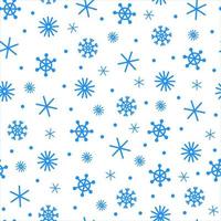 Snowfall seamless vector pattern. Hand-drawn seasonal backdrop. Graceful blue snowflakes on a white background. Simple ice crystals, blizzard. Festive template for decoration, print design, textiles