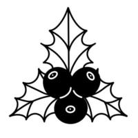 icono de vector de acebo. ilustración dibujada a mano. rama festiva con tres hojas, bayas. un boceto de una ramita de muérdago navideño. Doodle monocromo simple. planta tradicional aislada sobre fondo blanco.