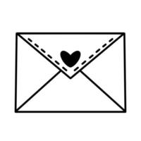 Letter vector icon. Hand-drawn illustration isolated on white background. Closed envelope decorated with a heart-shaped seal. Monochrome sketch.
