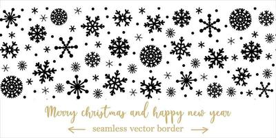 Snowflakes seamless vector border. Horizontal hand-drawn illustration. Isolated snowfall sketch on a white background. Monochrome crystals of ice. Festive concept for decoration, design.