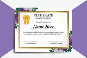 plantilla de certificado flor de peonía púrpura acuarela digital dibujado a mano vector