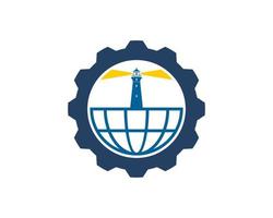 Gear with abstract globe and lighthouse inside vector