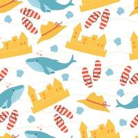 Seamless pattern of beach elements sand castle, flip flops, hat, shell and whale. Summertime concept. vector