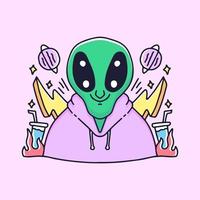 Alien in sweater with bolt and planet illustration. Vector graphics for t-shirt prints and other uses.