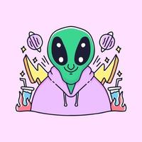 Alien in sweater with bolt and planet illustration. Vector graphics for t-shirt prints and other uses.