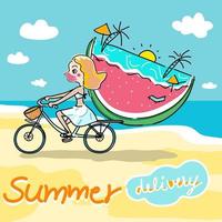 child riding a bicycle on the beach in summer delivery in Covid19 vector