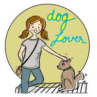 girl and dog hand drawn cartoon vector in retro style