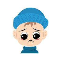 Boy with crying and tears emotion, sad face, depressive eyes in blue knitted hat. Cute kid with melancholy expression in autumnal or winter headdress. Head of adorable toddler vector