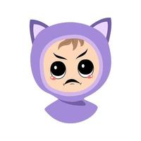 Avatar of child with angry emotions, grumpy face, furious eyes in cat hat. Cute kid with furious expression in autumnal or winter headdress. Head of adorable baby vector