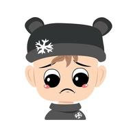 Child with crying and tears emotion, sad face, depressive eyes in bear hat with snowflake. Head of cute child with melancholy expression in carnival costume or winter headdress. Head of adorable kid vector