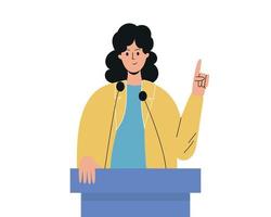 A woman speaks on the podium, a journalist. A politician, a representative of the organization answers questions from journalists, a candidate. The woman held up her finger. Podium with microphone vector