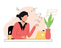 A woman is working at a computer. Remote work, work in the office. The woman at the table vector